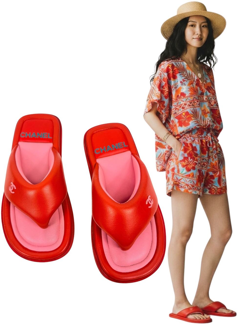 Chanel 22P CC Logo Lambskin Padded Pool Thong Sandals Red Pink Size 37